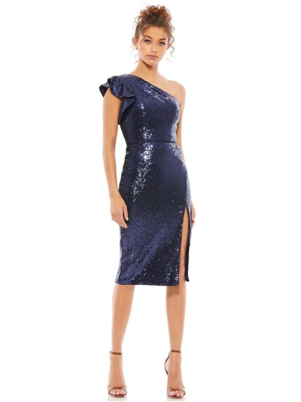 NWT Mac Duggal 70162 Midnight One Shoulder Sequin Flutter Sleeve Midi Size 2